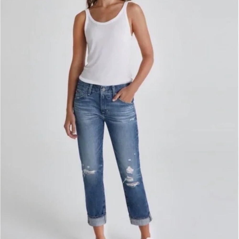 Ag Adriano Goldschmied Distressed Cropped Blue Jeans